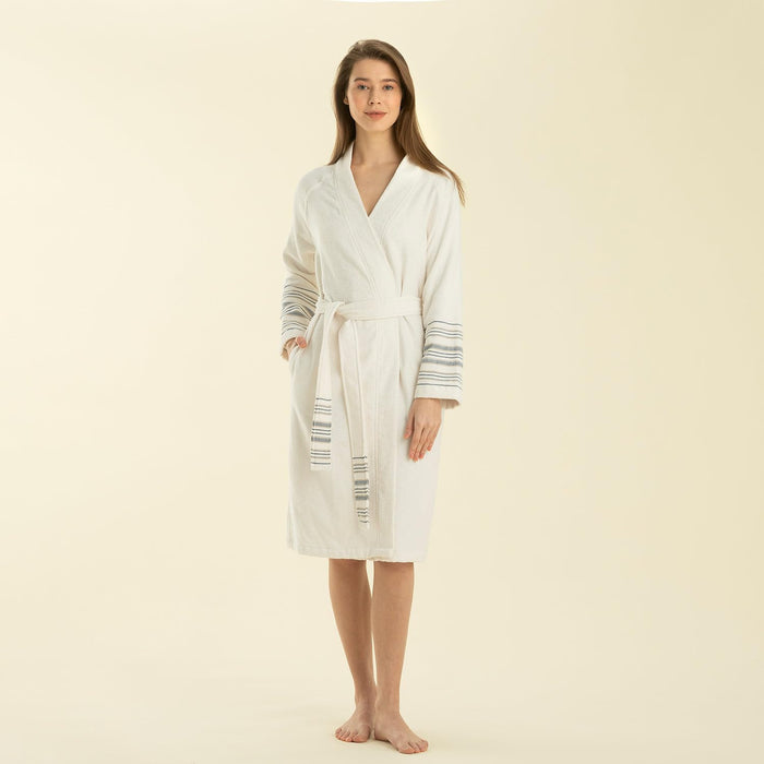 Derin Unisex Terry Cloth Bathrobe Ecru / Marine Blue