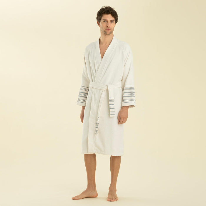 Derin Unisex Terry Cloth Bathrobe Ecru / Marine Blue