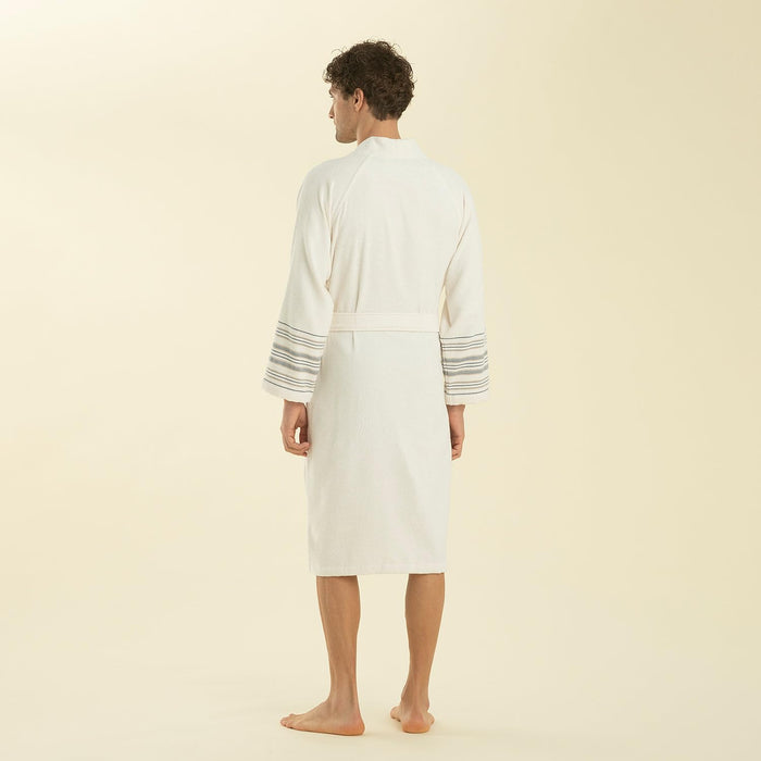 Derin Unisex Terry Cloth Bathrobe Ecru / Marine Blue