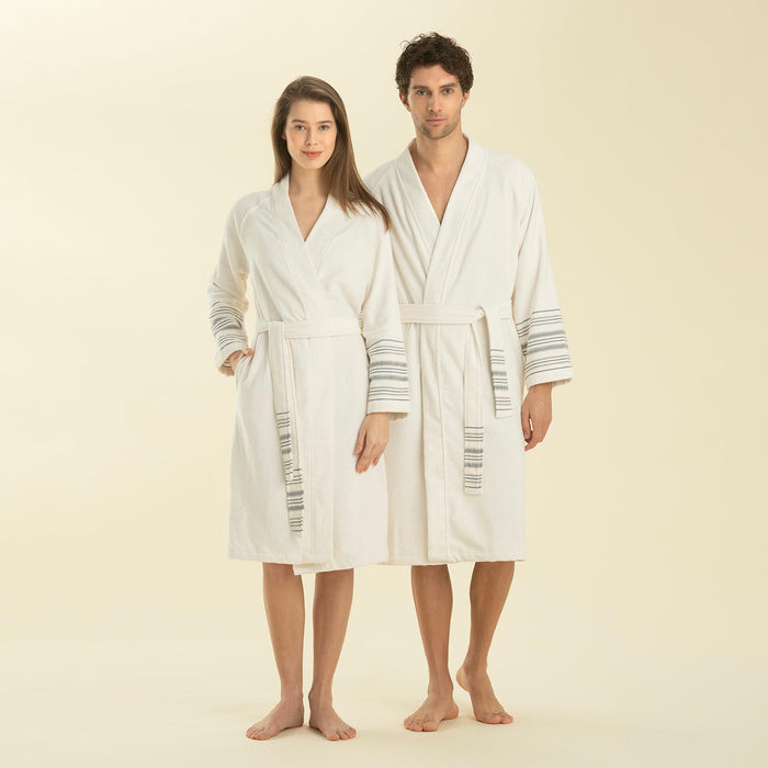 Derin Unisex Terry Cloth Bathrobe Ecru / Marine Blue