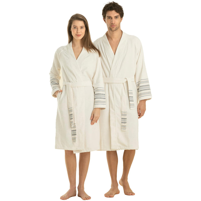 Derin Unisex Terry Cloth Bathrobe Ecru / Marine Blue