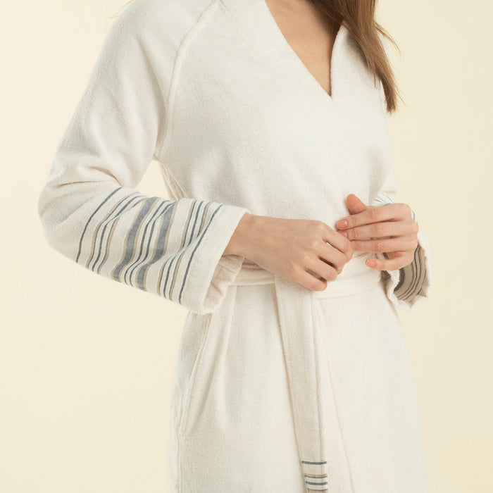 Derin Unisex Terry Cloth Bathrobe Ecru / Marine Blue