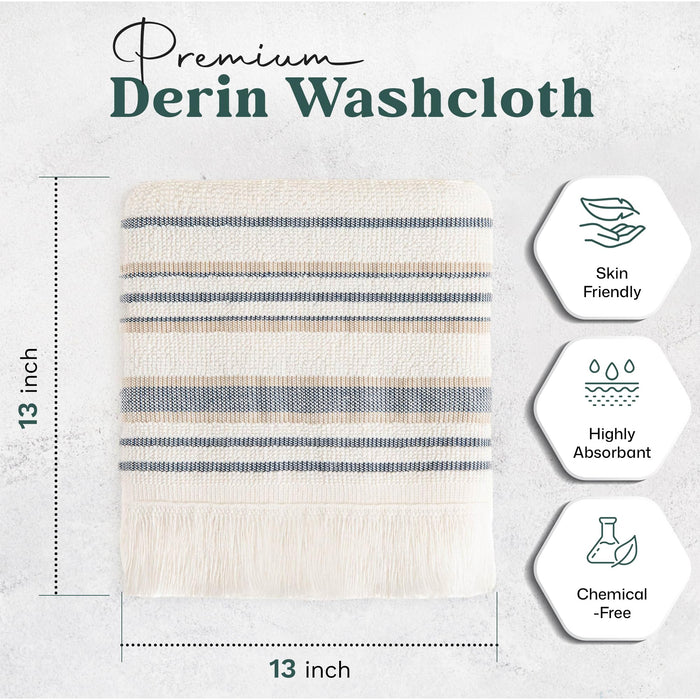 Derin Bundle 2 Pack of Washcloth and Hand Towel Ecru / Marine Blue