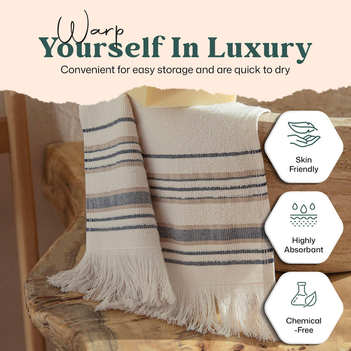 Derin Bundle 3 Pack of Washcloth, Bath and Hand Towels Ecru / Marine Blue