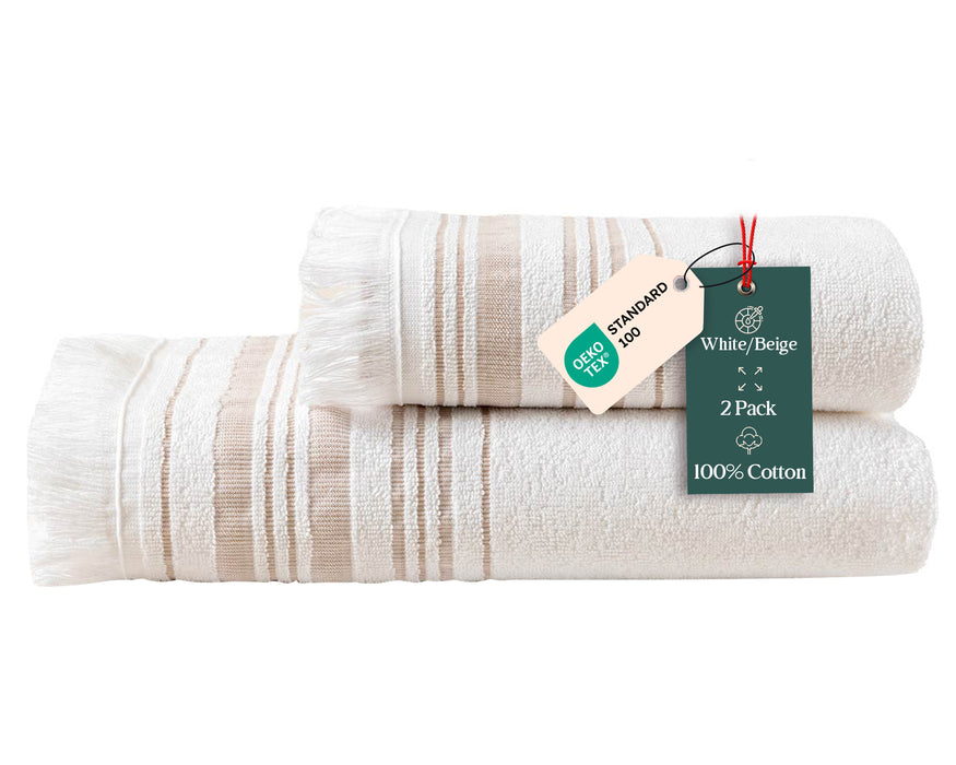 Derin Bundle 2 Pack of Washcloth and Hand Towel White / Beige