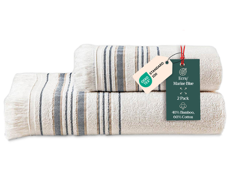 Derin Bundle 2 Pack of Washcloth and Hand Towel Ecru / Marine Blue