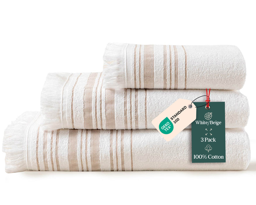 Derin Bundle 3 Pack of Washcloth, Bath and Hand Towels White / Beige