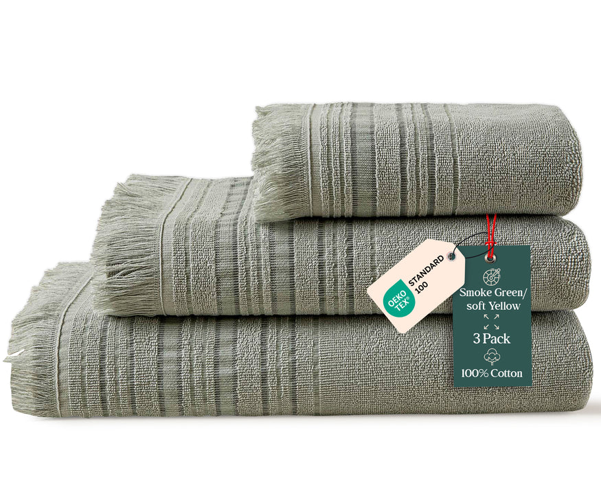 Derin Bundle 3 Pack of Washcloth, Bath and Hand Towels Smoke Green / Soft Yellow