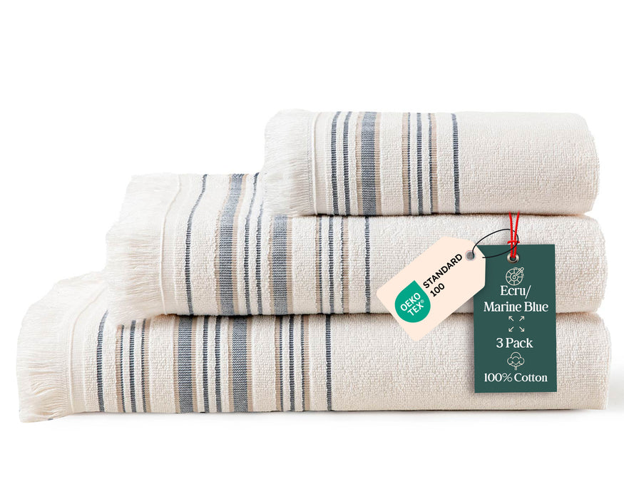 Derin Bundle 3 Pack of Washcloth, Bath and Hand Towels Ecru / Marine Blue