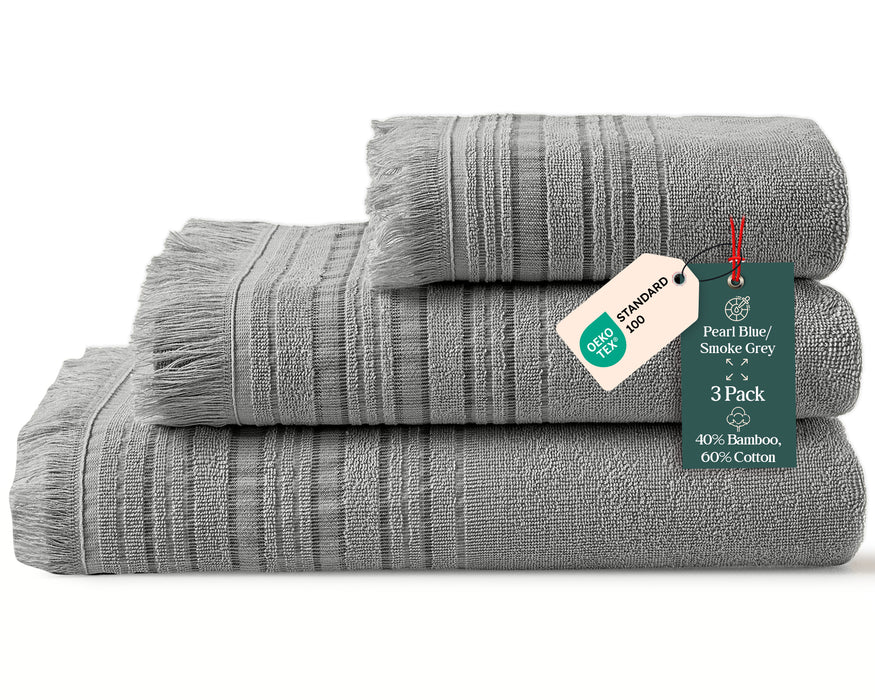 Derin Bundle 3 Pack of Washcloth, Bath and Hand Towels Pearl Blue / Smoke Grey