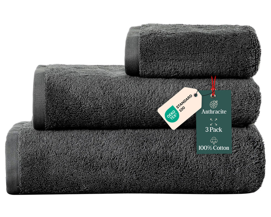 Solid Bundle 3 Pack of Washcloth, Bath and Hand Towels Anthracite