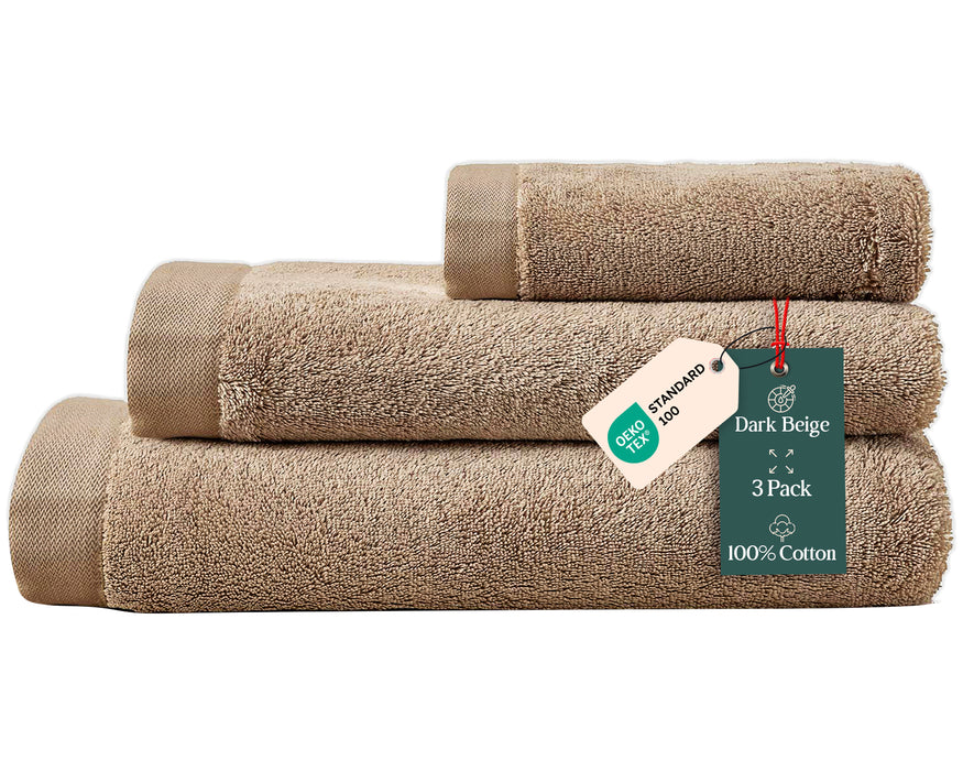 Solid Bundle 3 Pack of Washcloth, Bath and Hand Towels Dark Beige
