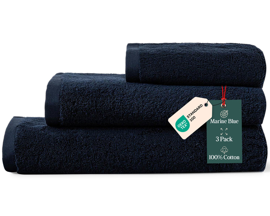 Solid Bundle 3 Pack of Washcloth, Bath and Hand Towels Marine Blue